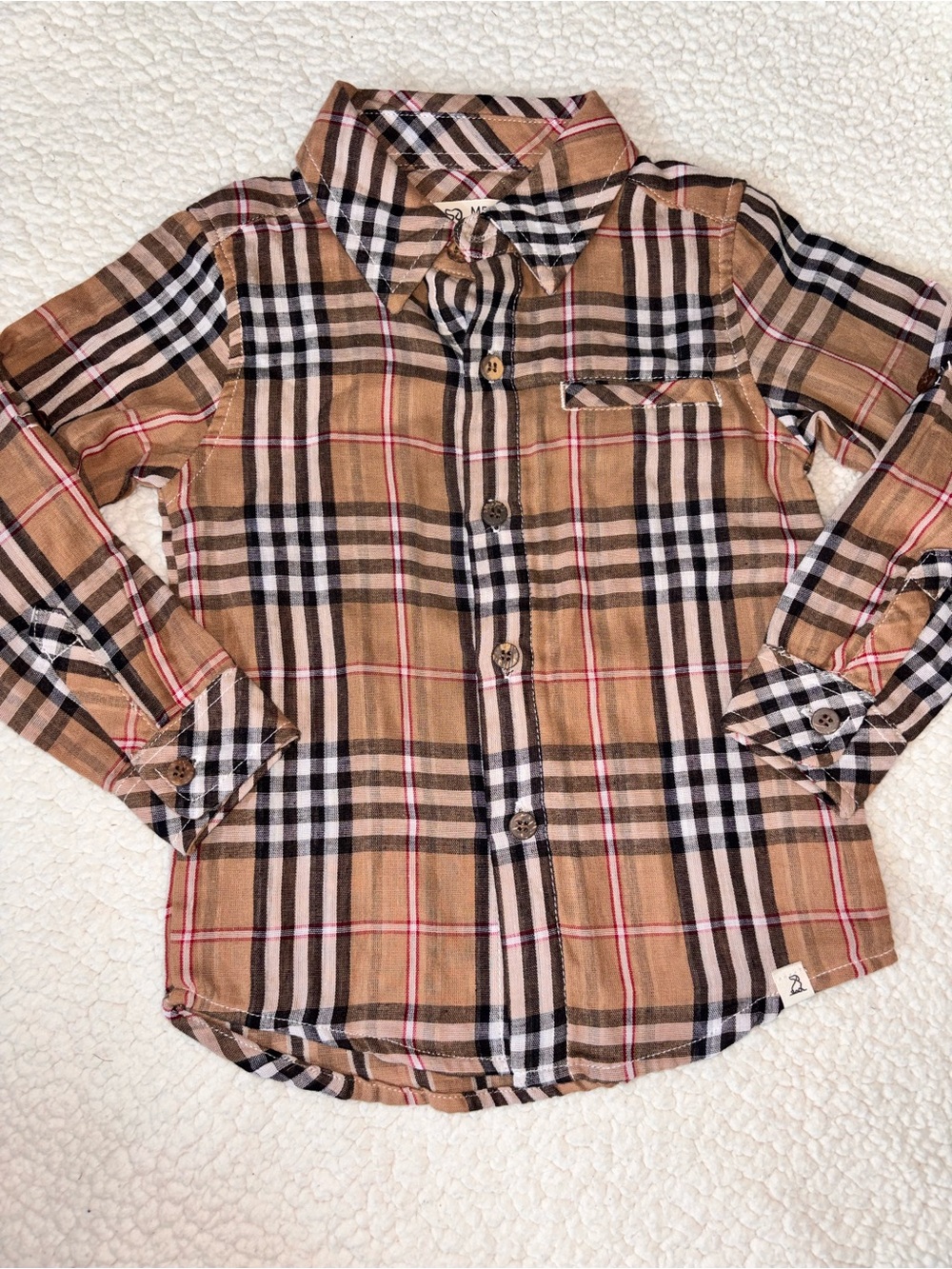Tan Plaid Button-Down Shirt with Pink & Black Accents